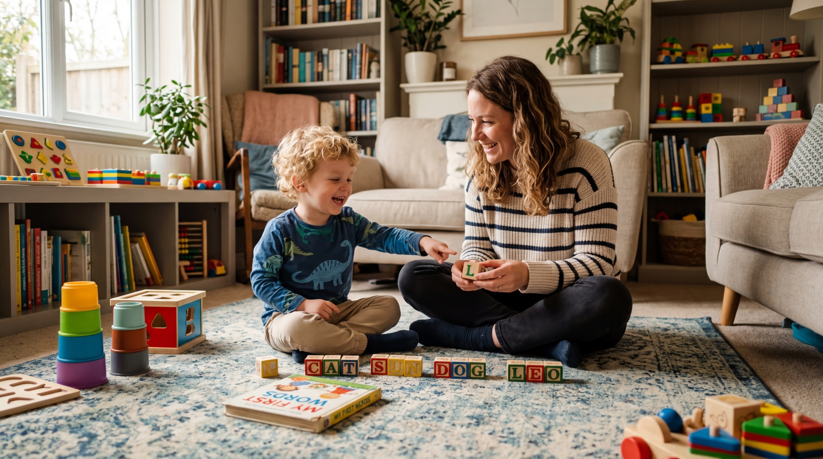 Kind oefent met taalspellen peuters 3 jaar binnen thuis - DotasToys blog