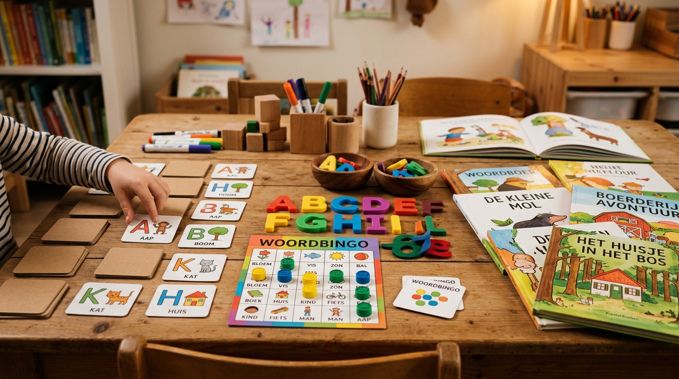 Ouder helpt kind met eerste leesspelletjes groep 1 kinderen - spelend leren eerste leesspelletjes groep 1 kinderen - praktische tips voor ouders | DotasToys