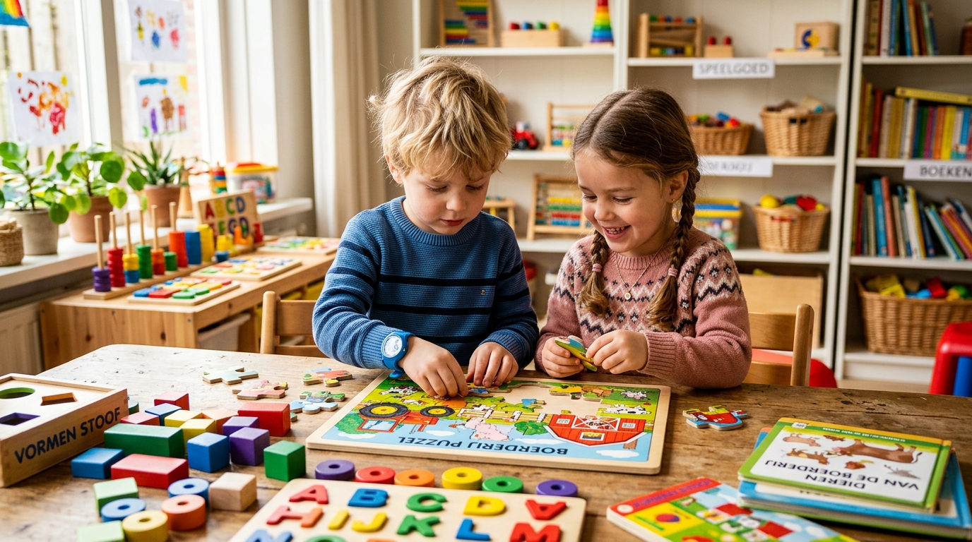 Kind oefent met speelgoed 5 jaar jongen meisje thuis - DotasToys blog