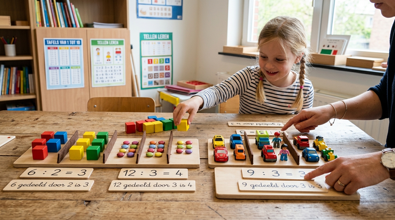 Ouder helpt kind met delen leren groep 5 thuis - spelend leren delen leren groep 5 thuis - praktische tips voor ouders | DotasToys